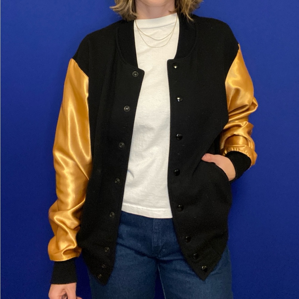 Vintage American Apparel bomber with shiny gold sleeves. Snap buttons. oversized